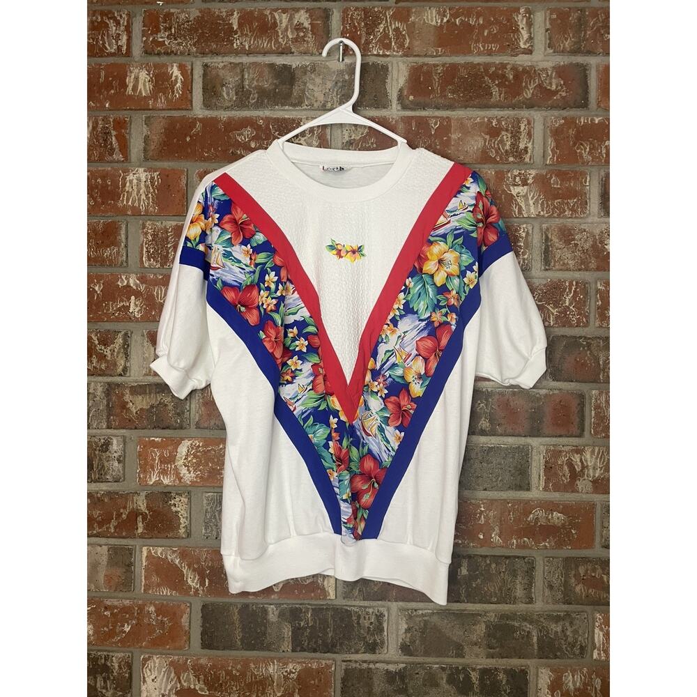 Vintage Hawaiian Floral Banded Shirt Large Beach Coconut Girl Spring Break Retro